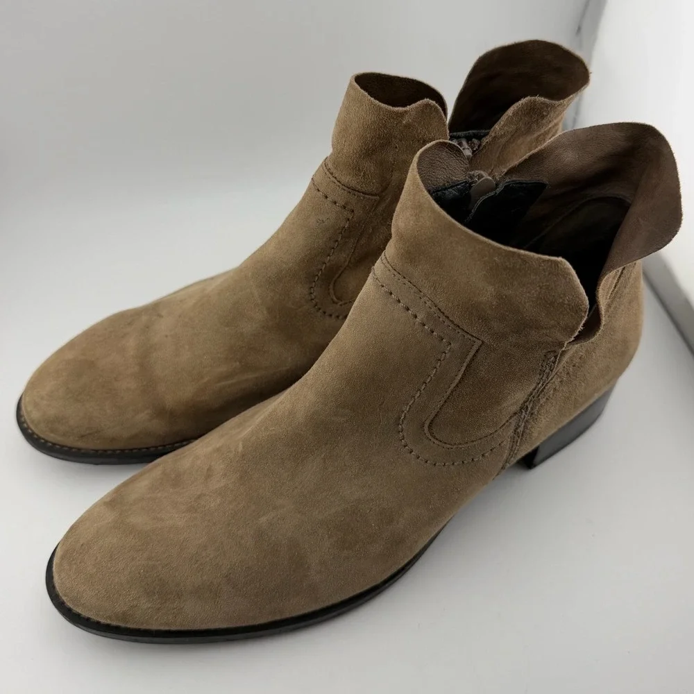 Paul Green Suede Ankle Boots 8.5 Tan Excellent Western Side‎ Zip Low Block Heel